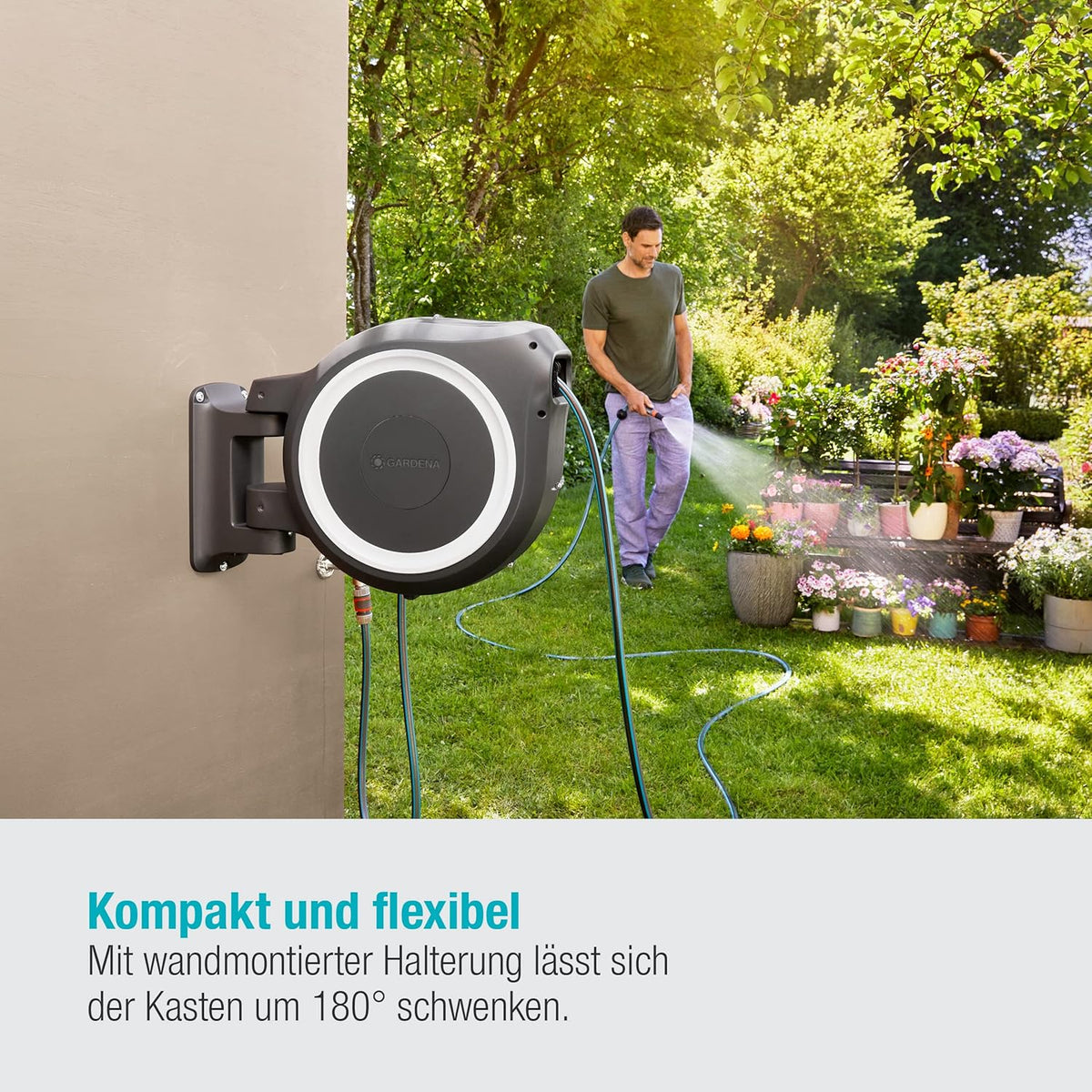 Gardena Wand-Schlauchbox RollUp M/L (weiß) 25 m: flexible Bewässerung für mittelgroße bis große Gärten, Schwenkbare Schlauchbox, inkl. 25 m Gardena