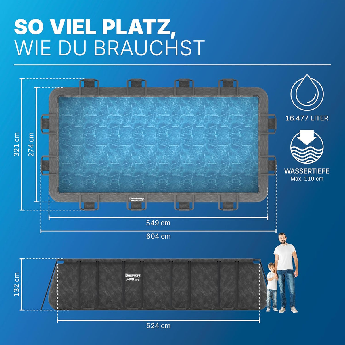Bestway APX365 Winterfestes Frame Pool Set, Sandfilteranlage, 549 x 274 x 132 cm, 16.477 L, Stahlrahmen, Polar-Shield, Dunkle Marmor-Optik,