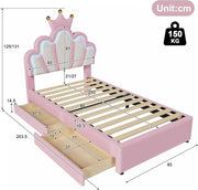 View Kinderbett Polsterbett 90x200, Kronenförmiges Prinzessinnenbett, Einzelbett mit LED und 2 Schubladen, Bettgestell für Mädchen, mit Verstellbares image 2