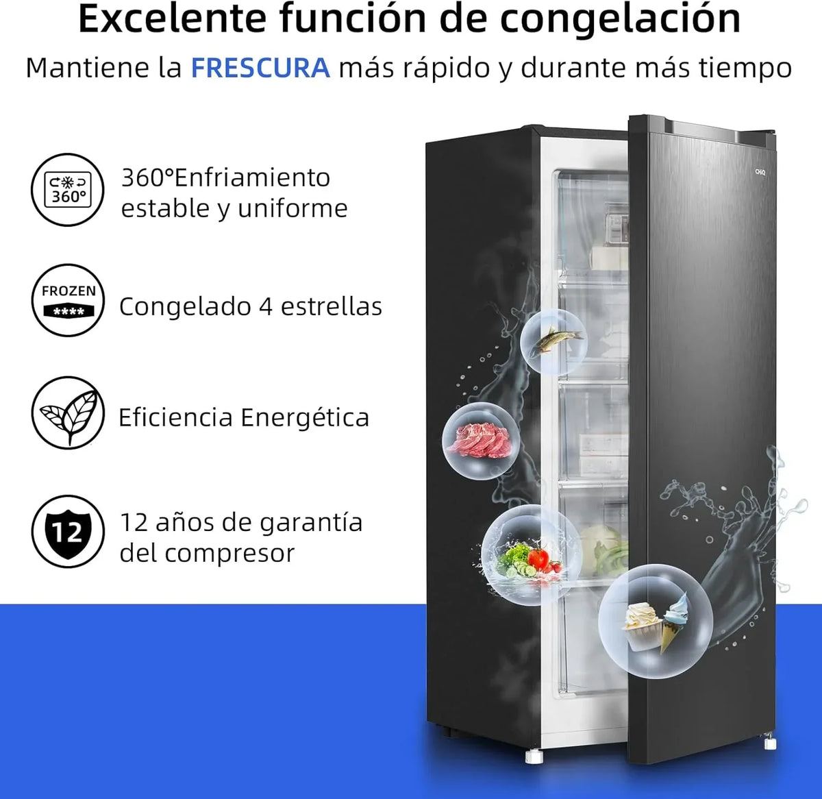 Congelador vertical independiente CHiQ, 145L de capacidad, congelación rápida, termostato ajustable, silencioso, puerta reversible, negro,