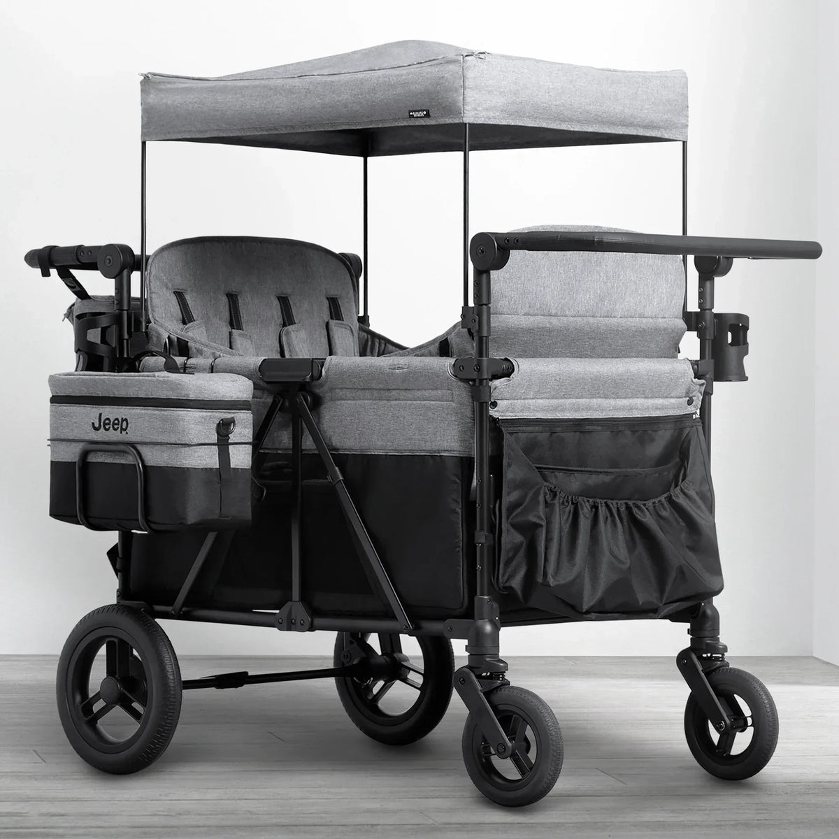 Carrito-Paseador Jeep Wrangler Deluxe para 4 Niños – Capota Desmontable, Bolsa Térmica, Asientos Modulares, Almacenamiento XXL, Ruedas Antipinchazos,