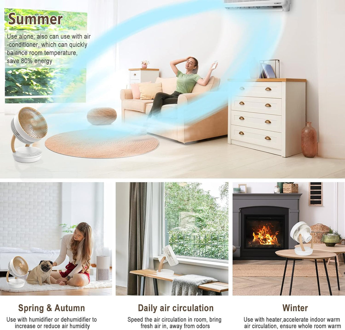 MYCARBON Ventilator sehr leise DC Motor 20dB 1850m³/h Luftmenge 8 Stufe ECO Modi Tischventilator 3D Luftumwälzer für 30m² Schlafzimmer Turbo