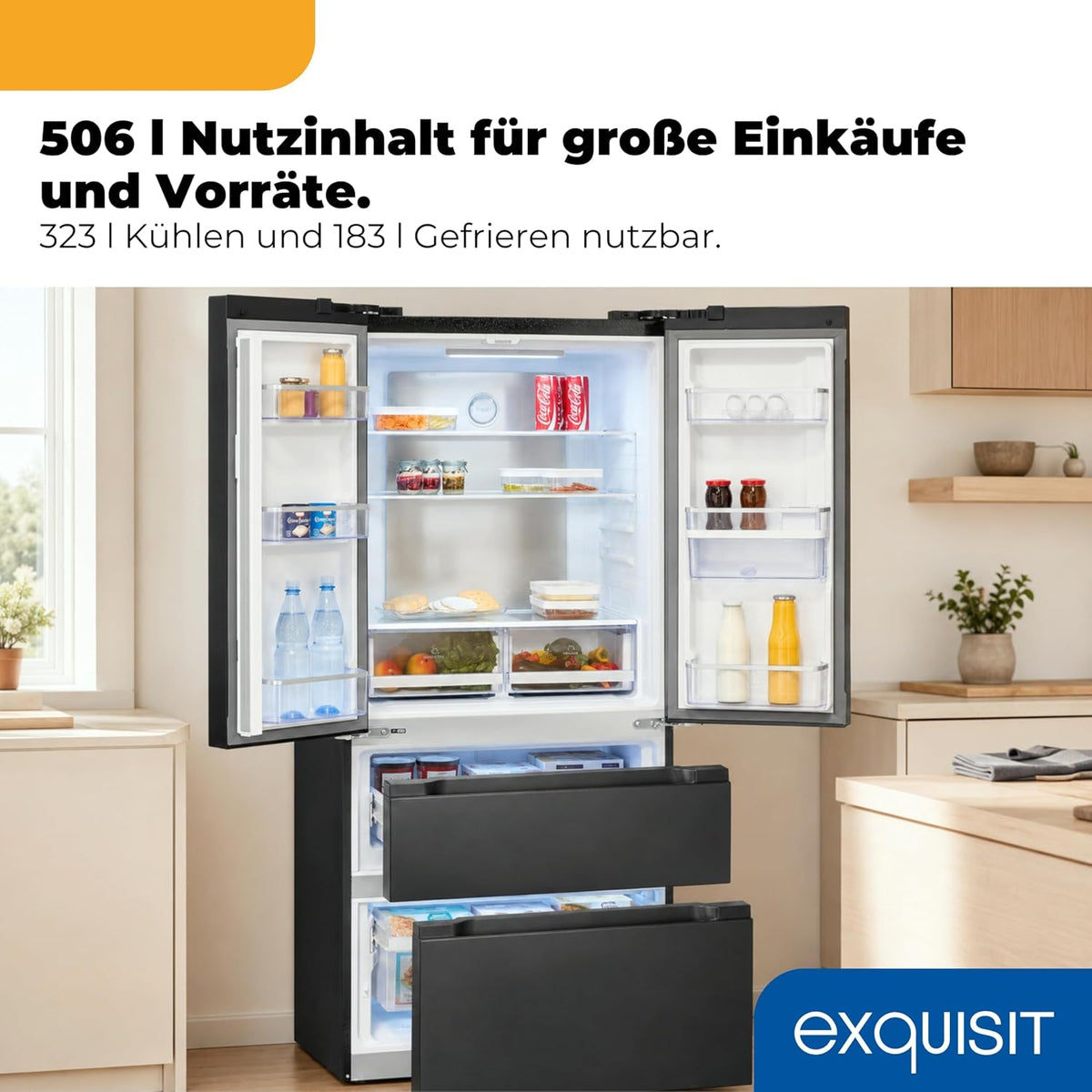 Exquisit Frenchdoor Kühl-Gefrierkombination | 506 l Nutzinhalt, Energieklasse E, 41 dB, No Frost Kühlen & Gefrieren, Schnellgefrieren, Wasserspender,