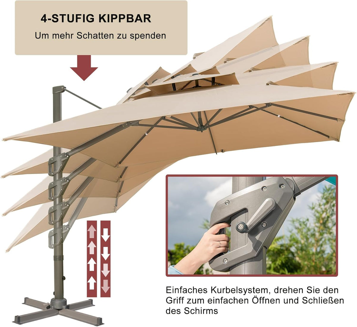 LKINBO Sonnenschirm 300 x 400 cm Rechteckig mit Ständer und Kurbel, Groß Ampelschirm Terrassenschirm 360°Drehbar Parasol Windfest Gartenschirm
