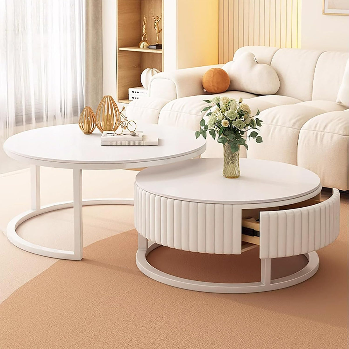2er Set Couchtisch Rund Weiss 50+70cm Wohnzimmertisch Weiß Runder Couchtisch Mit Stauraum Marmor Beistelltisch Stabilem Metallgestel Satztische Fürs