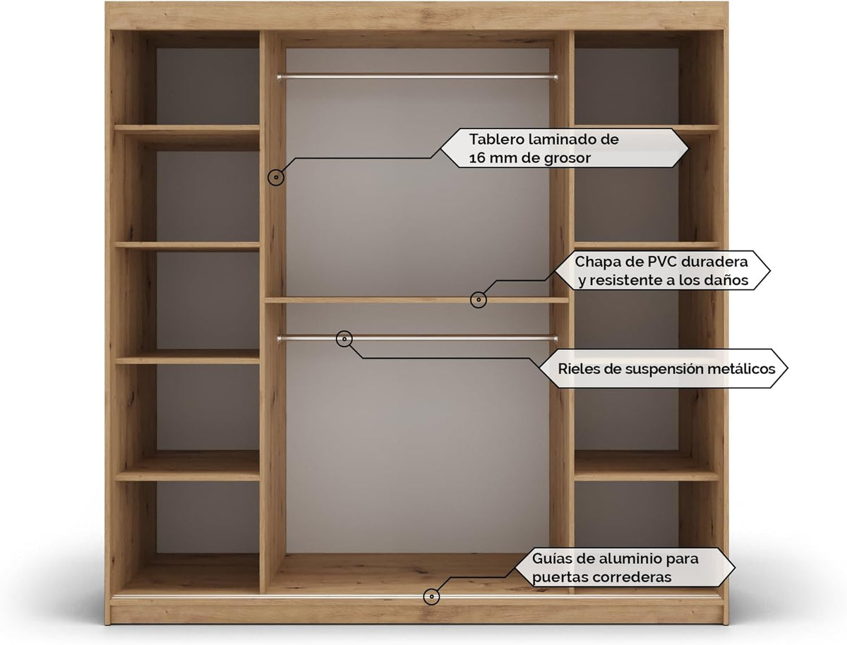 ABIKSMEBLE Verona 4 200 Bedroom Wardrobe with Three Sliding Doors – Modern Storage Cabinet with Mirror, Coat Rack and Shelves – 200 x 200 x 62 cm –