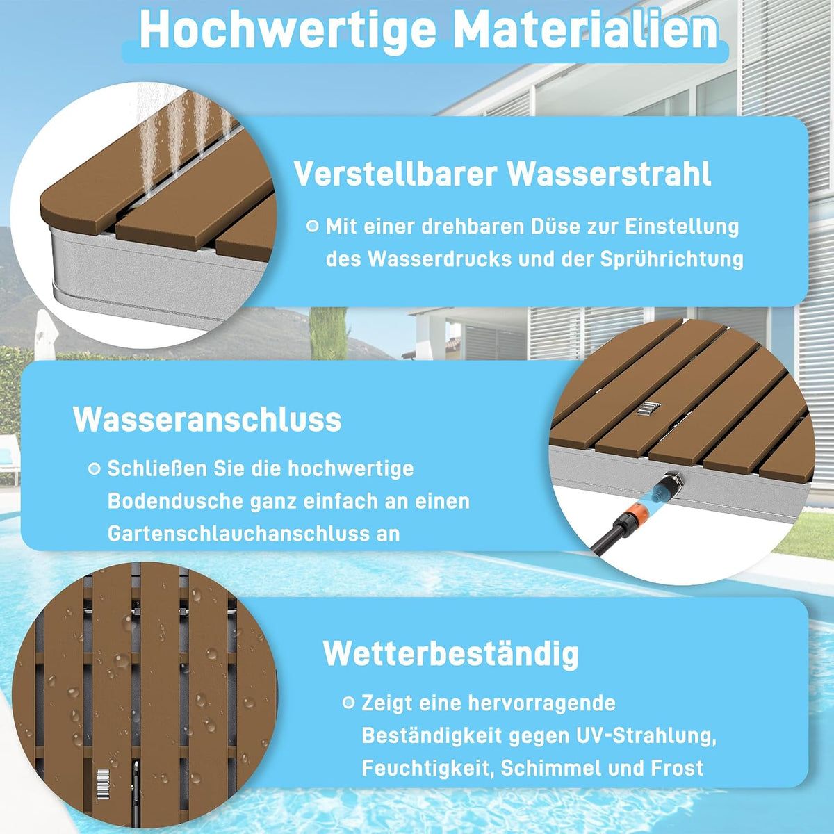 UISEBRT Gartendusche Außendusche aus WPC und Aluminium - Mobile Bodendusche Solardusche Campingdusche - Fontänenhöhe bis 4m einstellbar - für Pool