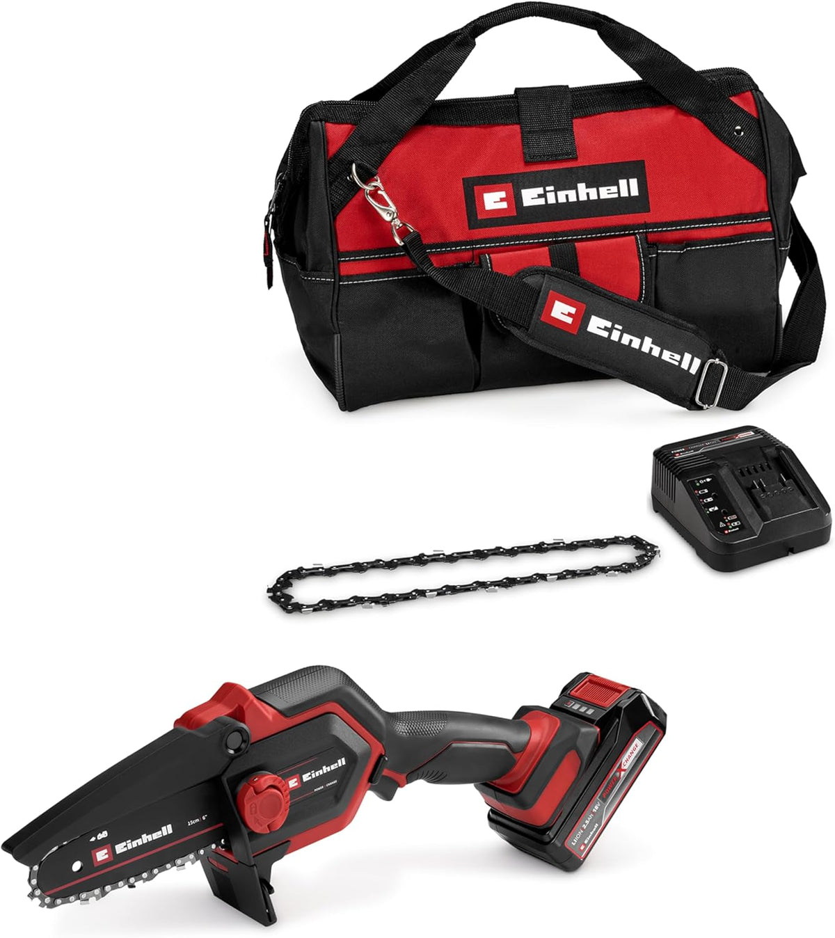 Einhell Akku-Astkettensäge GE-PS 18/15 Li Bag Kit Power X-Change (18 V, Brushless, 12,5 cm Schnittlänge, inkl. 2,5 Ah Akku, Ladegerät, Ersatzkette,
