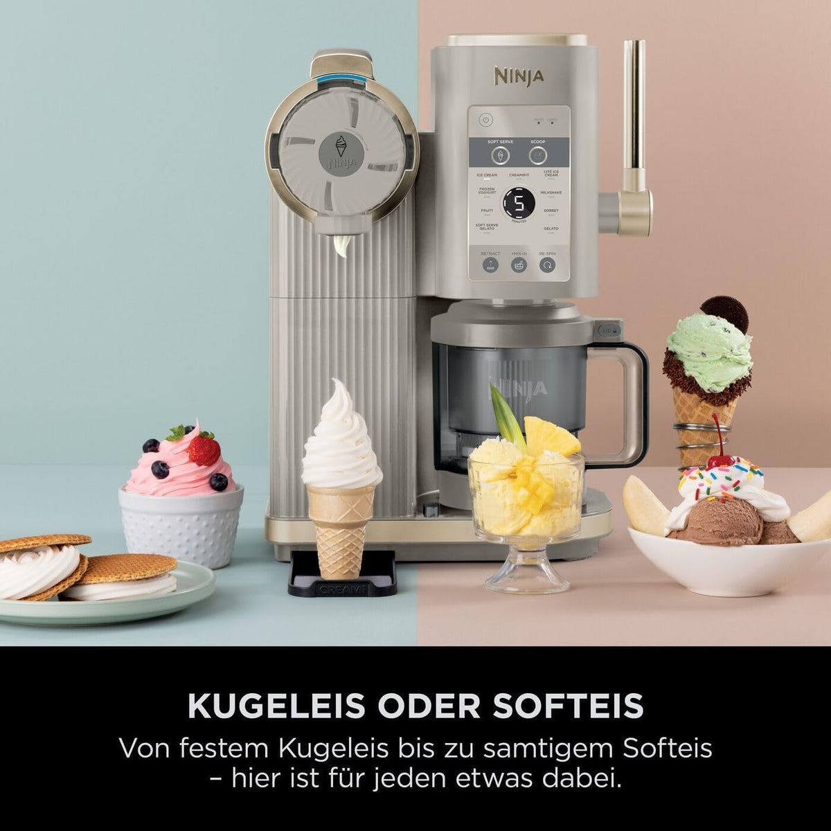 Ninja CREAMi Scoop & Swirl Eismaschine mit 2 Behältern, 13 Funktionen, für Eiscreme, Softeis, Gelato, Sorbet, Milchshakes und mehr, mit Mix-In-