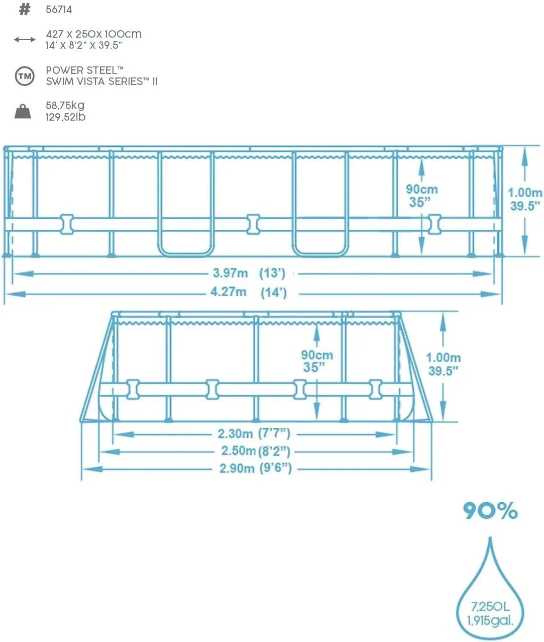 BESTWAY - Piscina Desmontable Tubular Power Steel 427x250x100 cm Depuradora Cartucho 2.006 l/h Escalera y Cobertor Diseño Rattan