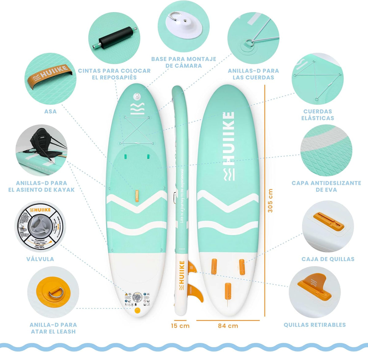 HUIIKE Tabla Paddle Surf Hinchable con Accesorios Incluidos, Remo, Quillas, Inflador. Stand Up Paddle Board Gran Estabilidad y Resistencia. 305 x 84 x