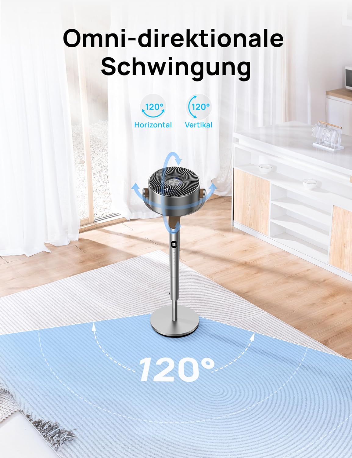 Dreo 20dB leiser Standventilator, 120°+120° Omni-direktionale oszillierende Ventilator, 26M Windentfernung, 1200m³/h Luftvolumen Echt Turbo-