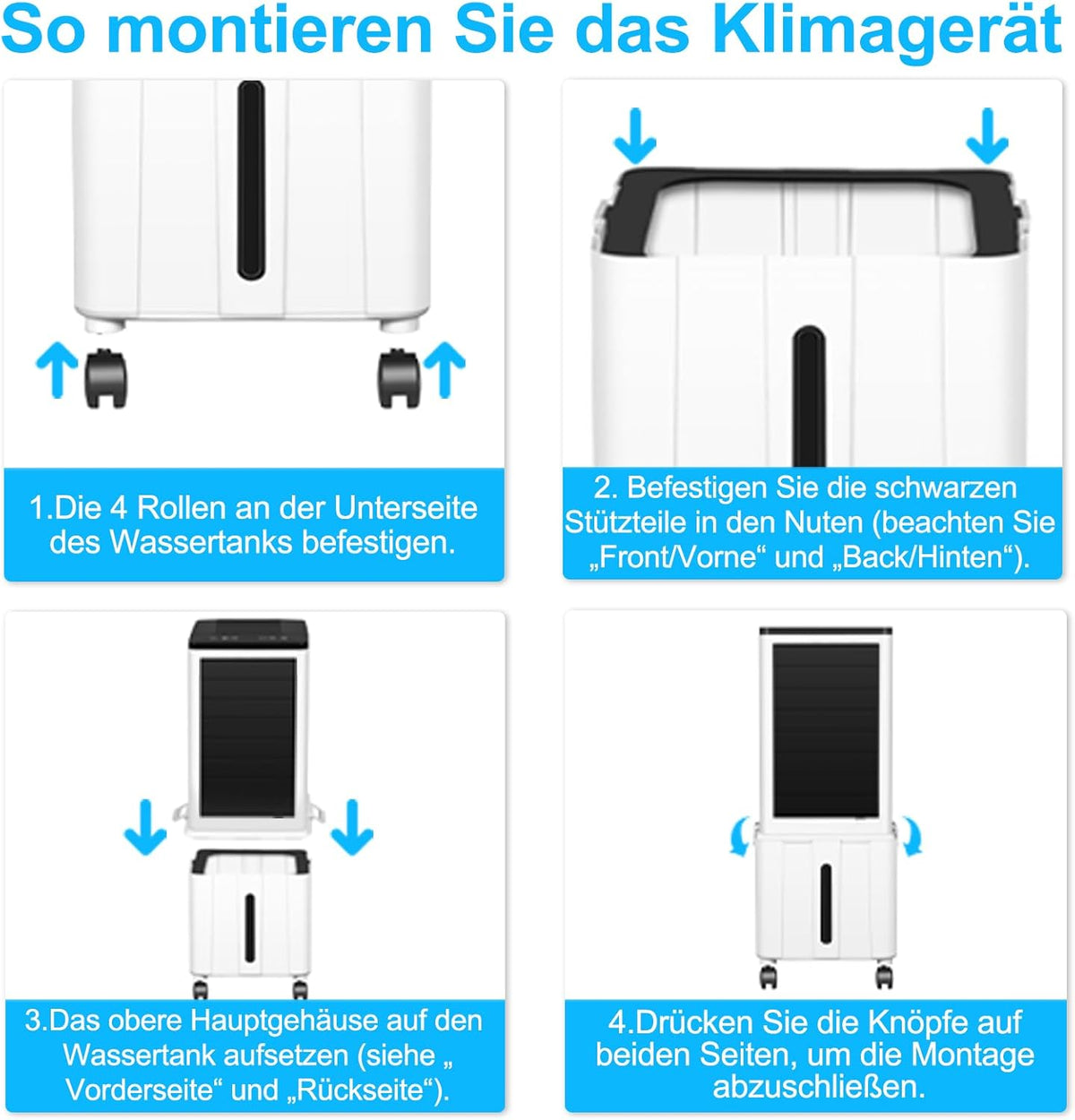 Klimagerät ohne Abluftschlauch, 14L 60W Klimaanlage Mobil mit 12H Timer, 3 Modus, 40dB, 120°Oszillation, Abnehmbare Wassertank, Fernbedienung, Leise