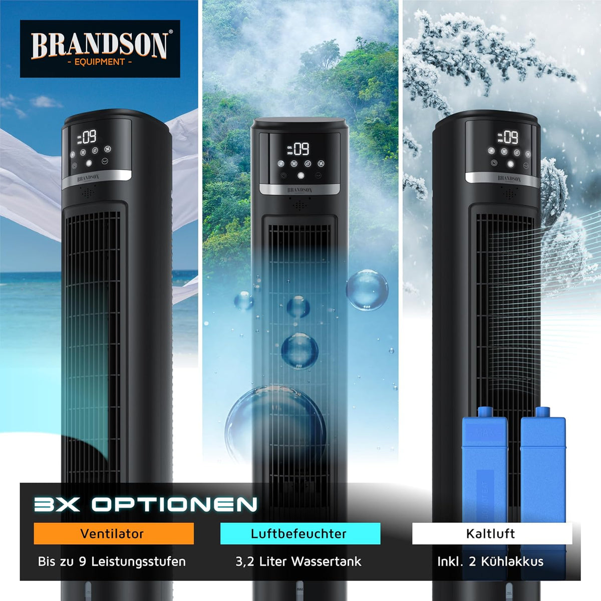 Brandson – mobiler Luftkühler mit Wasserkühlung im ECO Design - DC Motor sehr leise - 60% Energieeinsparung - Sieger Ventilatoren und Luftkühler 2026