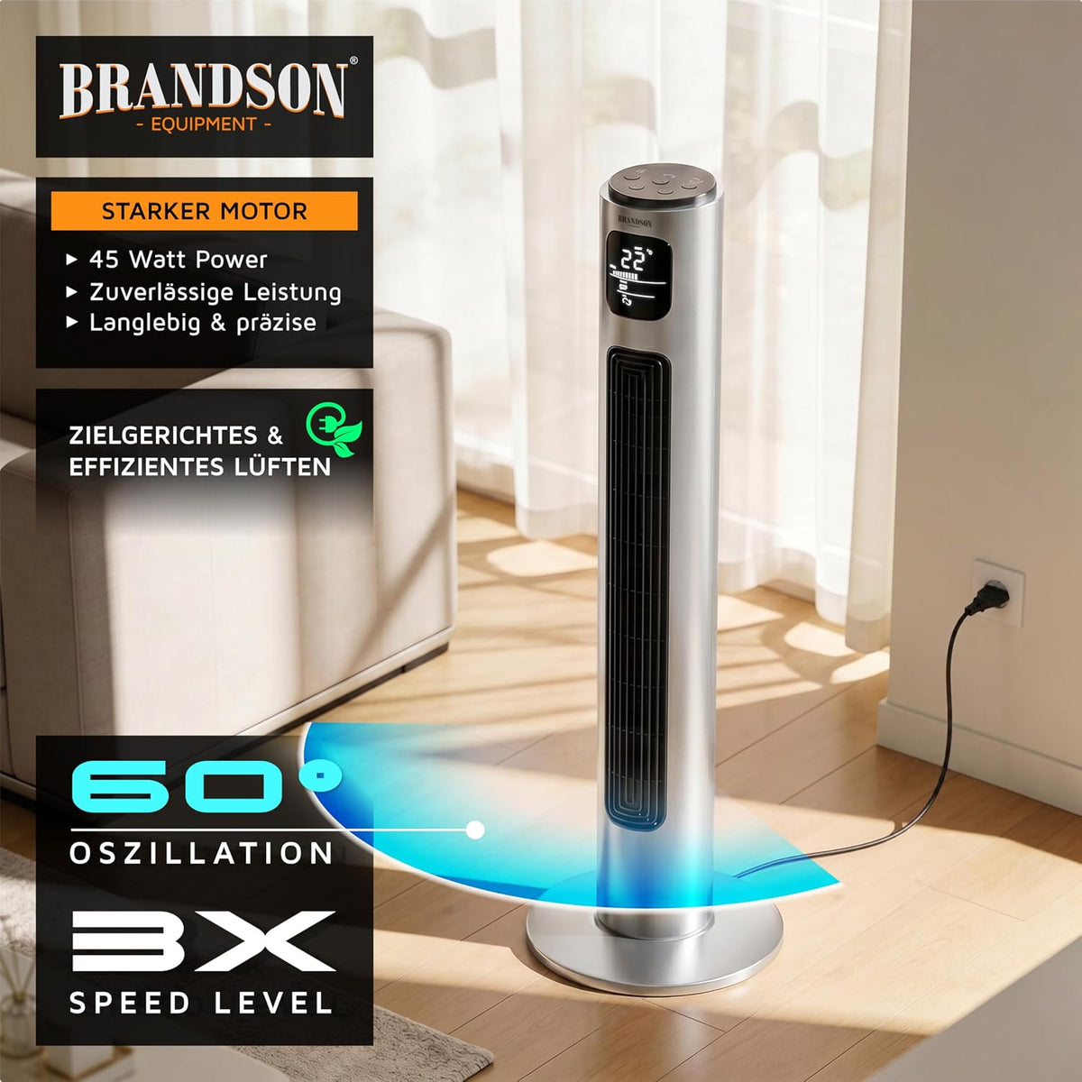 Brandson - Turmventilator mit Fernbedienung 96 cm - Preisträger 2026 - mobiler Lüfter leise - Standventilator Oszilation - 3 Geschwindigkeiten 3 Modi