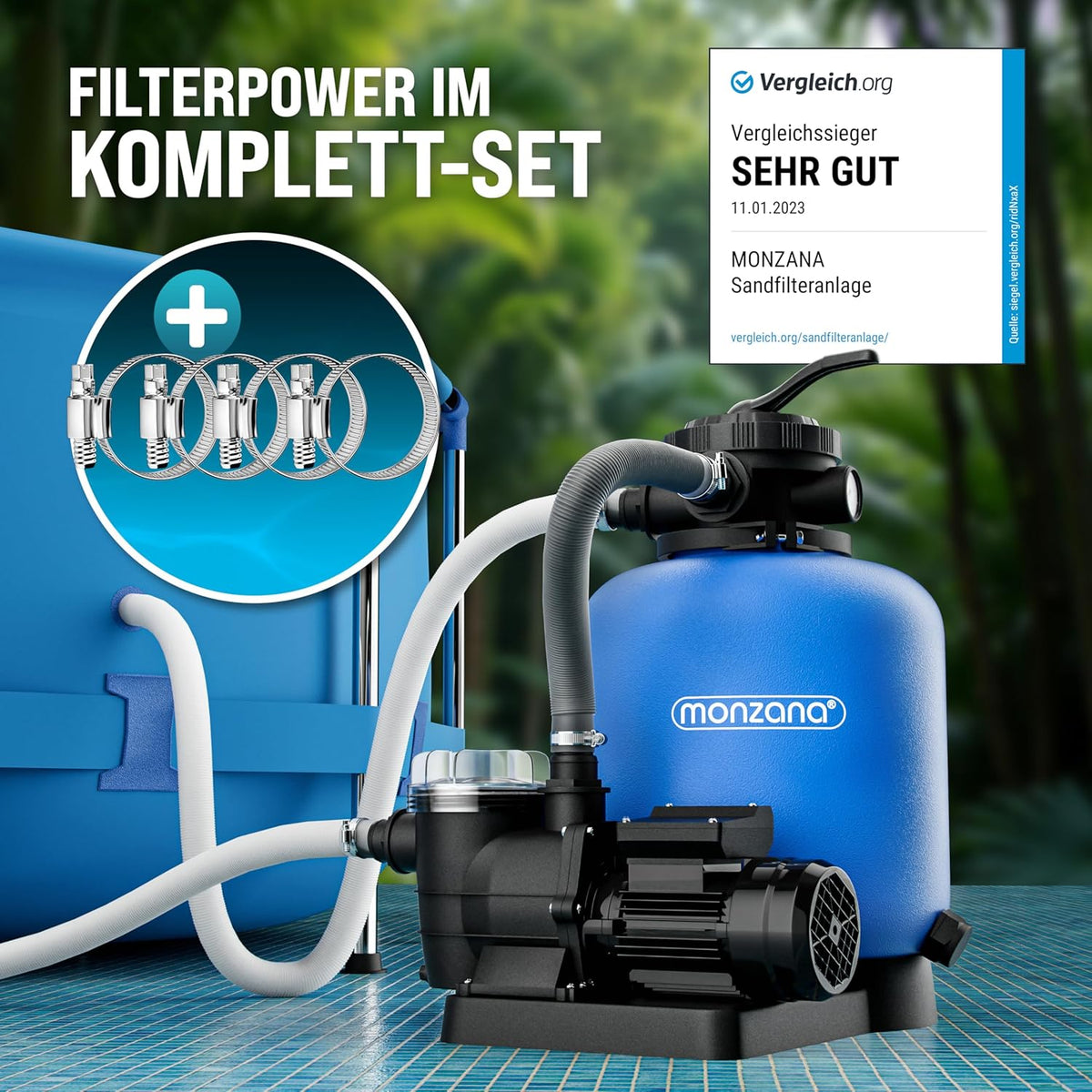 MONZANA Sandfilteranlage 13.200L/h bis 58.000L Pool Vorfilter 7-Wege-Ventil 600W 30L Tank 2in1 Adapter Ø32-38mm Filteranlage Poolfilter Sandfilter