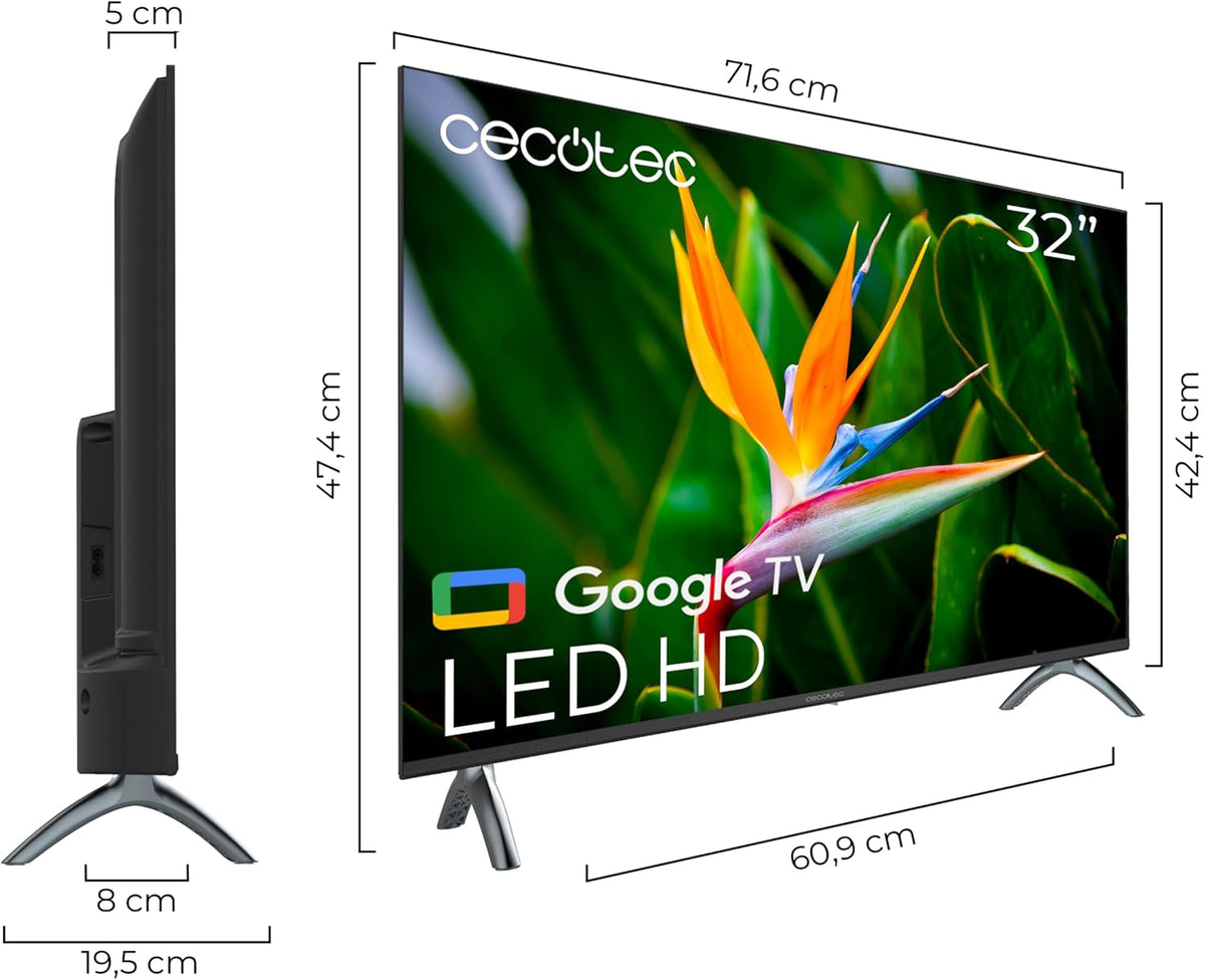 Cecotec Smart TV, Televisor LED de 32 Pulgadas Resolución HD A4 Series ALH40032S. Sistema Operativo Google TV, Dolby Audio, HDR10, 16 GB de ROM,
