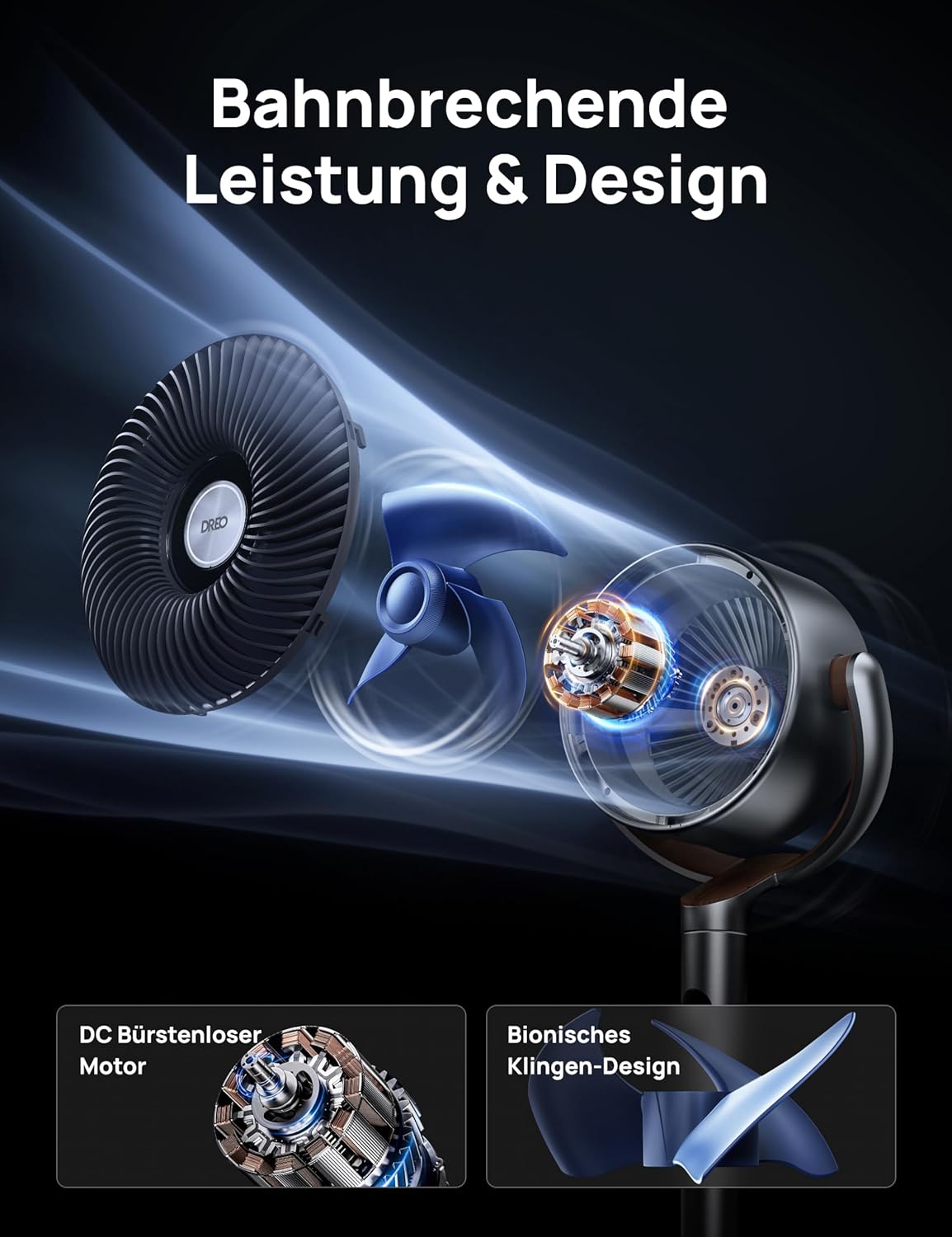 Dreo 20dB leiser Standventilator, 120°+120° Omni-direktionale oszillierende Ventilator, 26M Windentfernung, 1200m³/h Luftvolumen Echt Turbo-