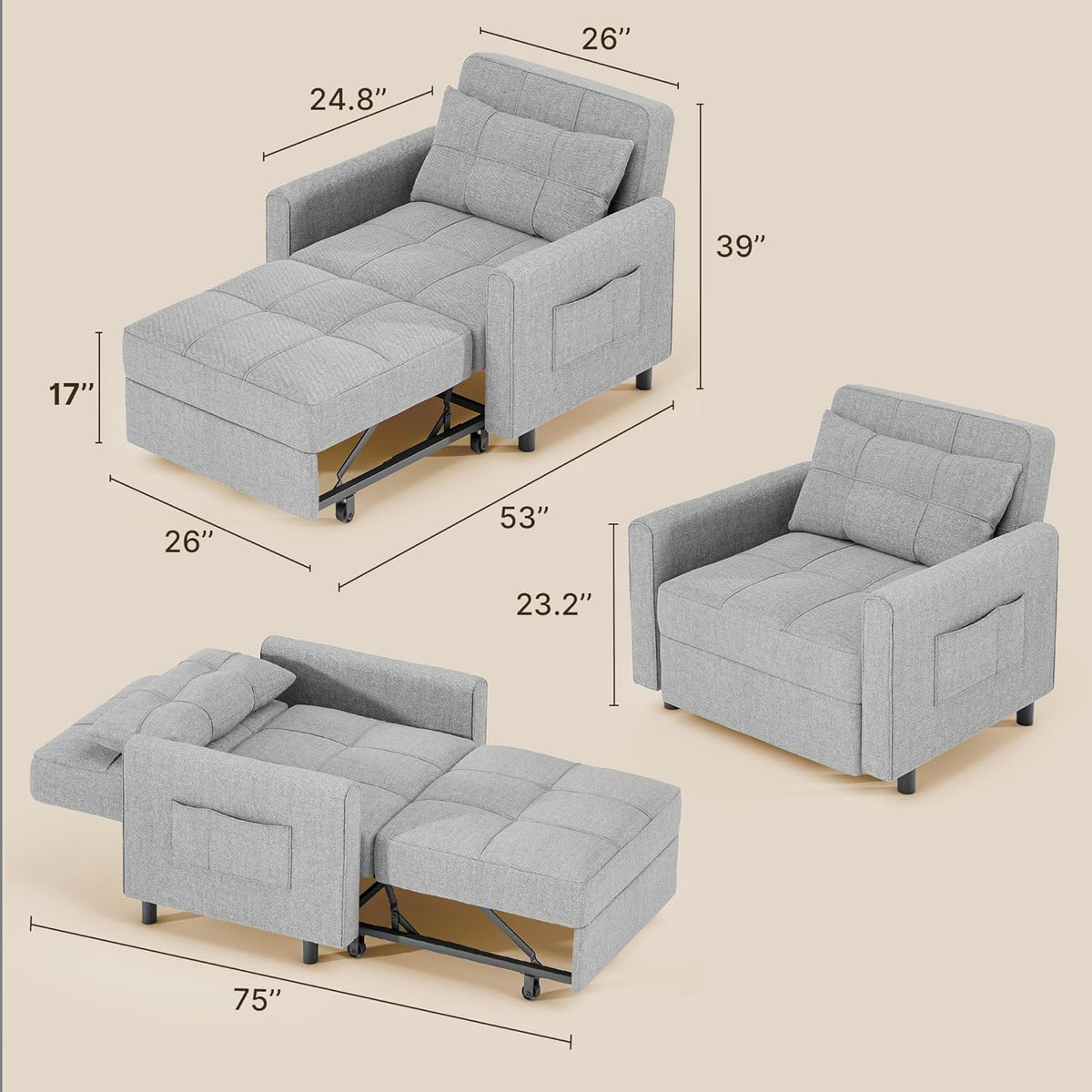 Gizoon Sofá cama 3 en 1 convertible, silla cama individual extraíble con respaldo ajustable, espaciosos sofás multifuncionales para sala de estar,