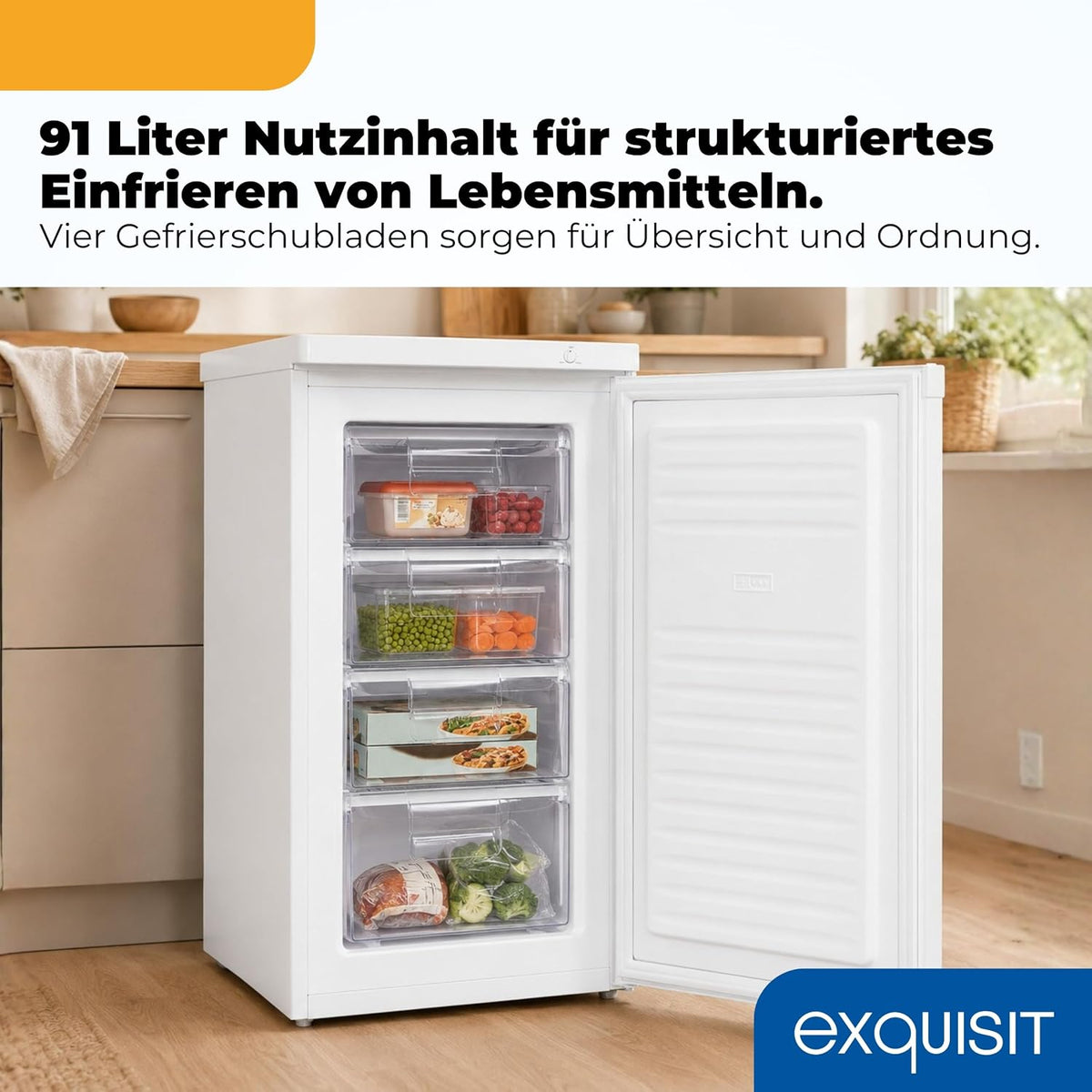 Exquisit Gefrierschrank | 91 l Nutzinhalt, Energieeffizienzklasse E, 40 dB(A) | kompakte Bauform, 4-Sterne-Gefrieren, manuelle Temperaturregelung,