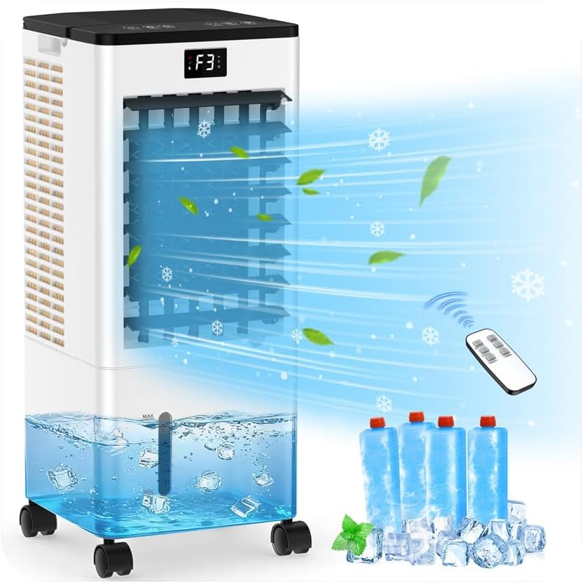Aire Acondicionado Portátil sin Tubo, Enfriador de Aire Grande 4 en 1, 4 Modos 3 Velocidades, Climatizador Evaporativo 60W, Temporizadores de 1-12 H,