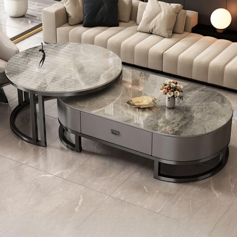 Ovaler Couchtisch aus Stein, 2er-Set, Wohnzimmer-Mitteltisch mit Schublade, Beistelltisch aus Glas, Schwarz/Grau – Grau, (99,9 cm L x 49,9 cm B x 40,6