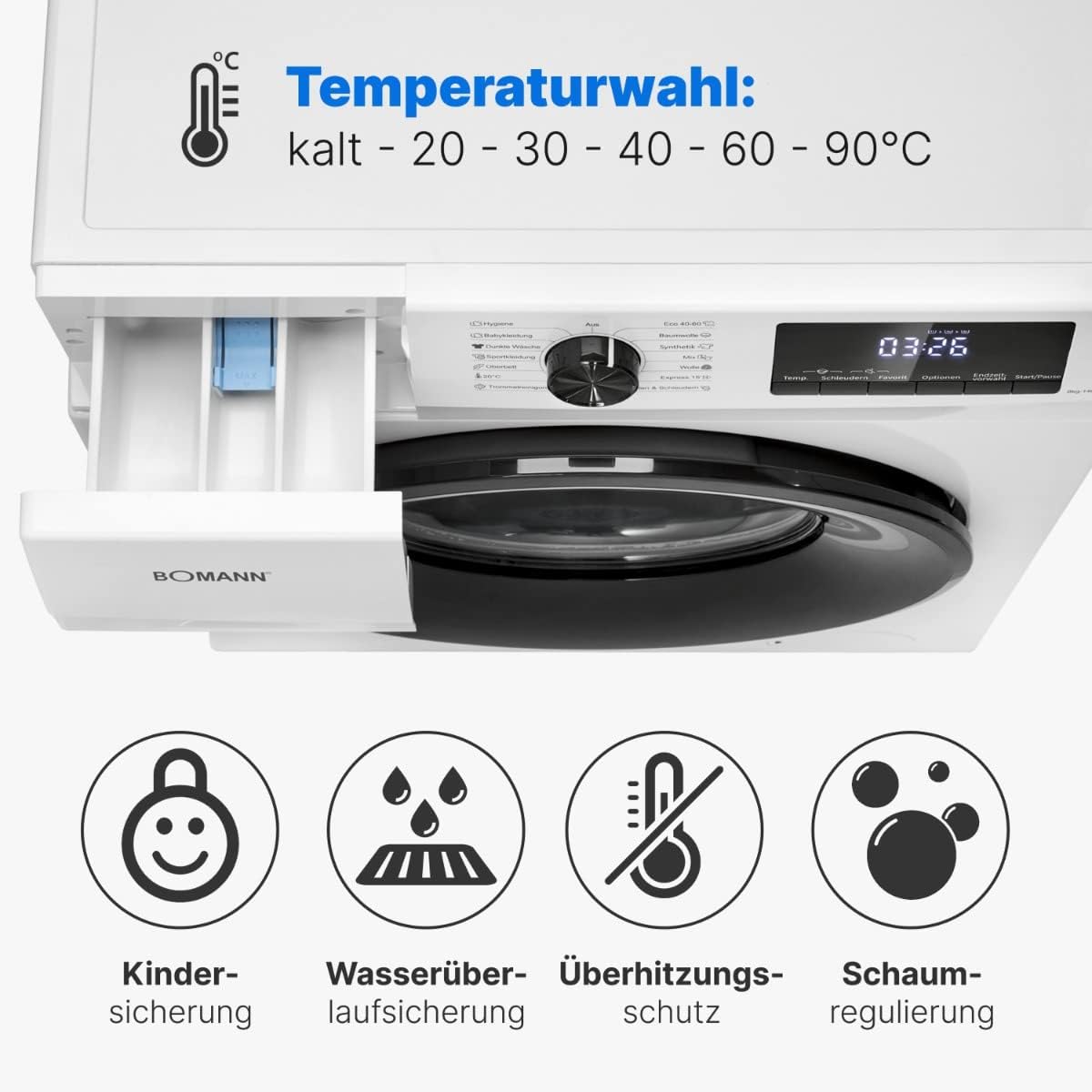 Bomann Waschmaschine 8kg | max. 1400 U/min | 10 Jahre Motor-Garantie | robuster, leiser & langlebiger Invertermotor | 15 Waschprogramme | LED-Display