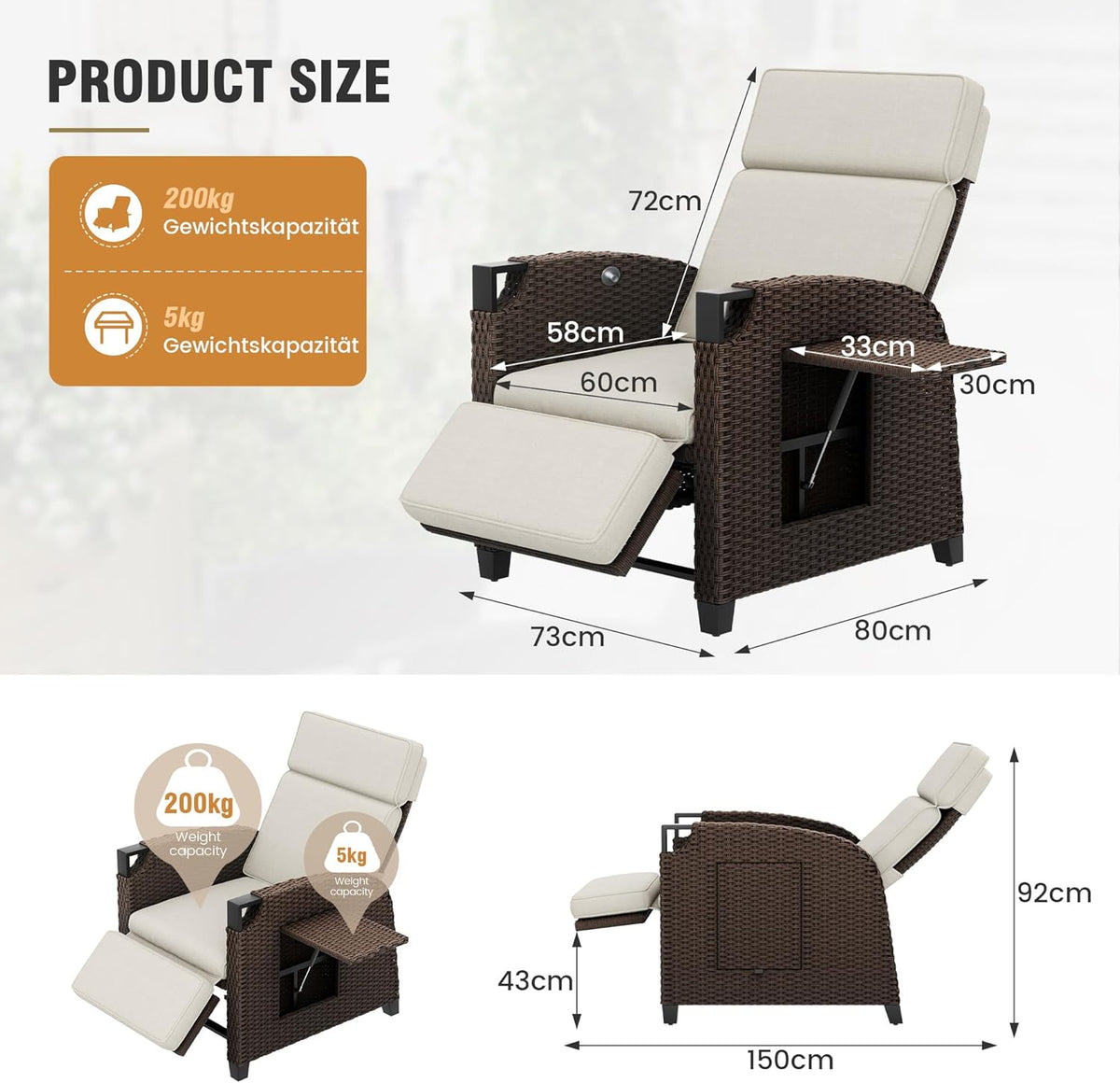 Amopatio Relaxliege Liegesessel, Rattan Sonnenliege mit Verstellbar Rückenlehne und Klapptisch, Outdoor Gartensessel wetterfestes, für Terrasse,