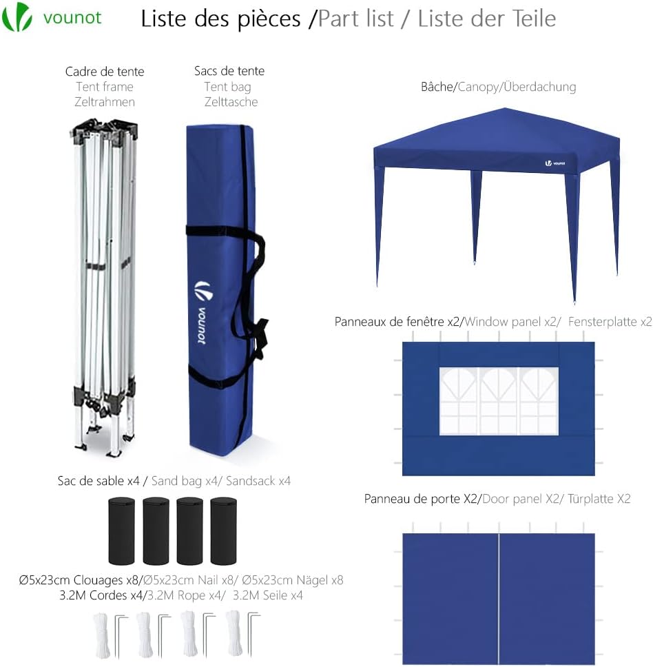 VOUNOT Carpa Plegable Gazebo 3x3m con 4 Paredes y 4 Bolsas de Arena, Cenador Pabellón de Jardín para Camping, Fiestas, Exterior, Color Azul