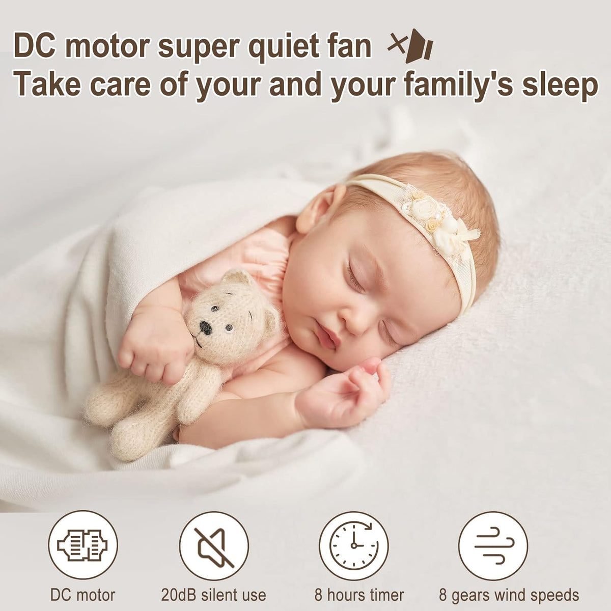 MYCARBON Ventilator sehr leise DC Motor 20dB 1850m³/h Luftmenge 8 Stufe ECO Modi Tischventilator 3D Luftumwälzer für 30m² Schlafzimmer Turbo
