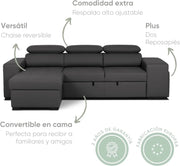 View BUDWING John Sofá Cama Esquinero 4 Plazas - Chaise Longue Reversible, Reposacabezas Ajustable y 2 Pufs – Tapizado en Poliuretano – Estilo Moderno – image 3