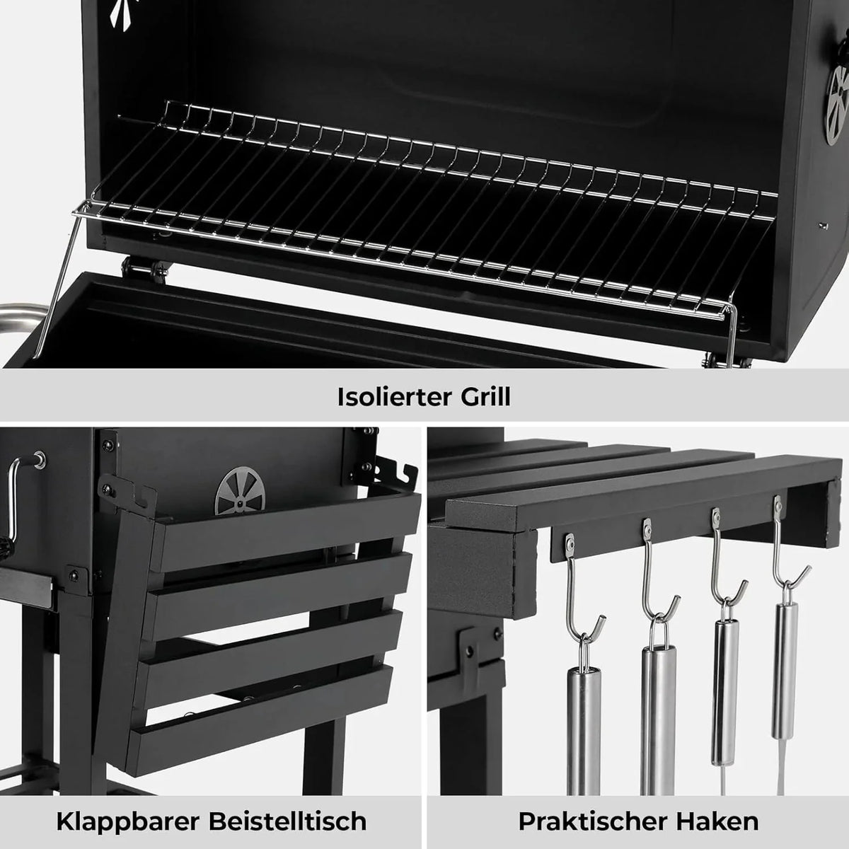 Barbacoa de Carbon XXL, Parrilla de Carbón con Chimenea y Tapa, Parrilla con Carrito BBQ Smoker con Ruedas y Termómetro, Grande BBQ Carbon para