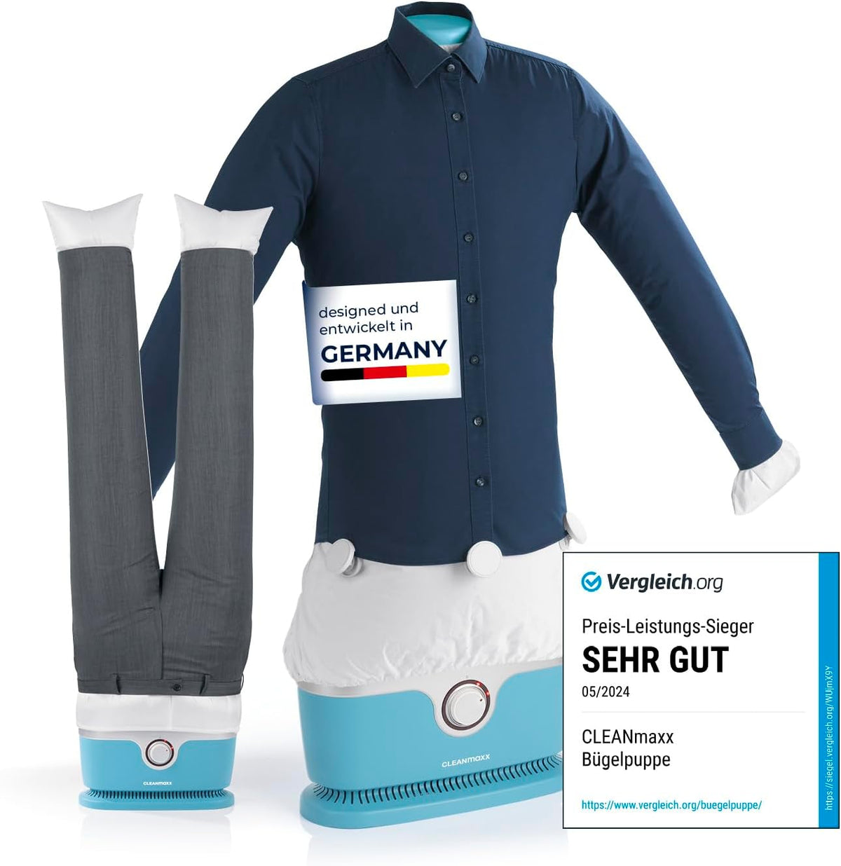 CLEANmaxx automatischer Hemdenbügler inklusive Hosenaufsatz | Bügler für Hemden, Blusen & Hosen, schonender als Wäschetrockner und Bügeleisen |