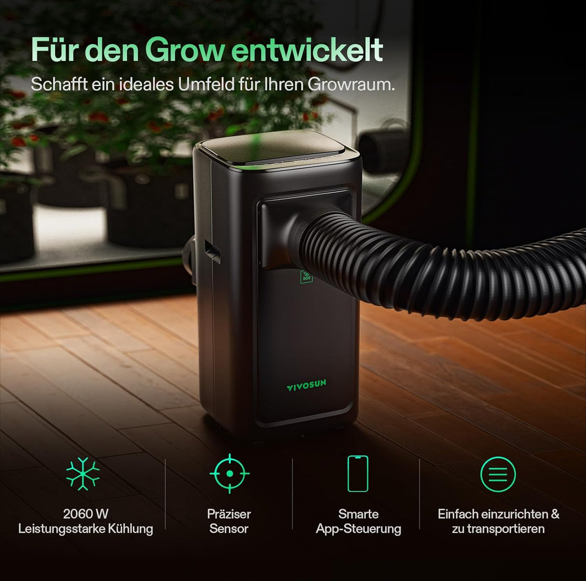 VIVOSUN Smart Klimaanlage, 7000 BTU, 4-in-1 Funktion mit Temperatur- & Feuchtigkeitssensor, Intelligente Fernbedienung, Ideal für Growzelte und