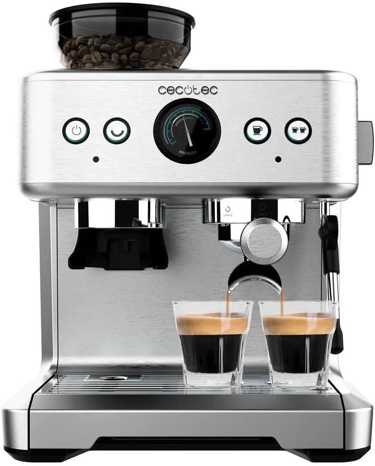 Cecotec Cafetera Express Barista Power Espresso 20 Barista. 2250W, 20 Bares, Manometro y 2 Thermoblocks, Depósito de Café en Grano, Molinillo con 20