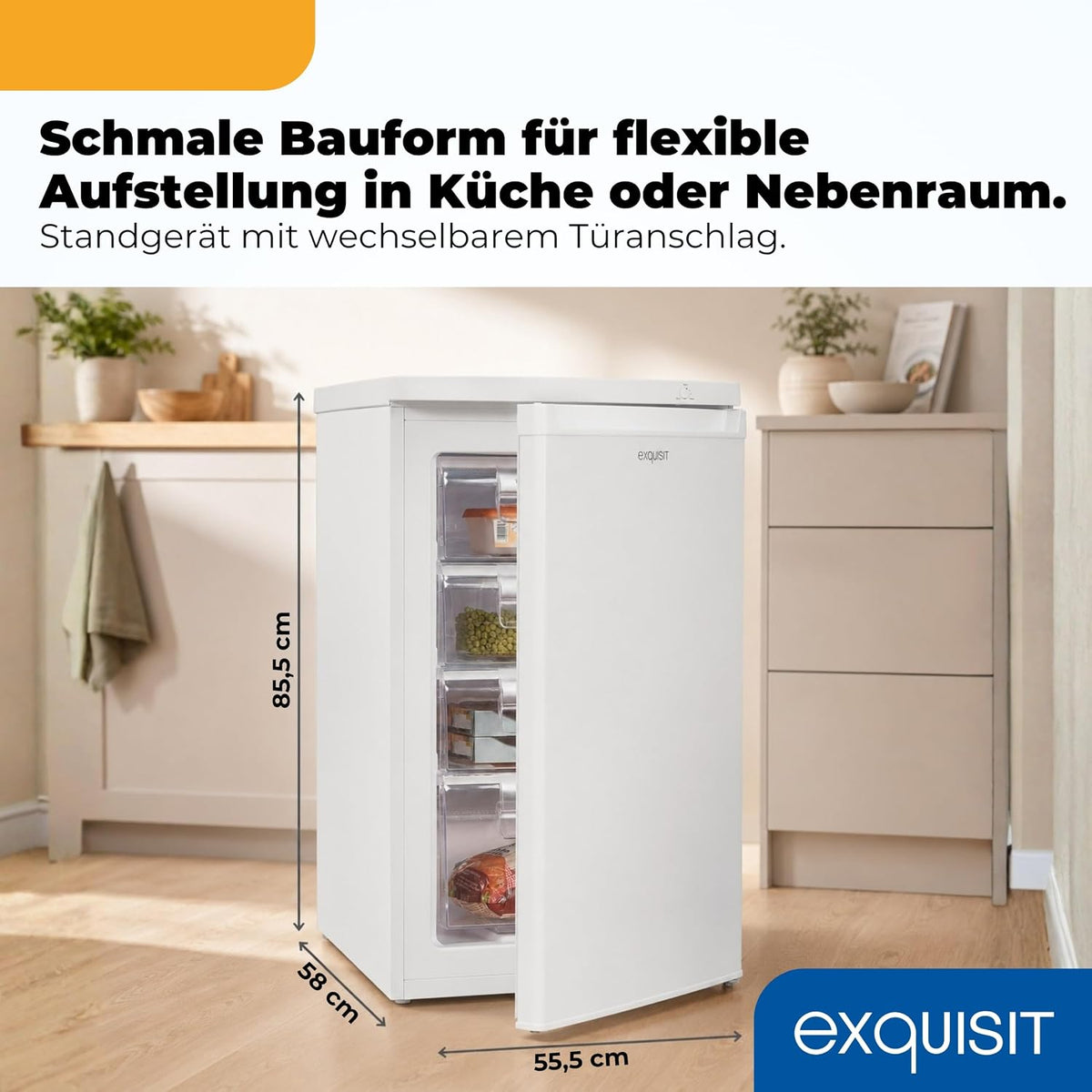 Exquisit Gefrierschrank | 91 l Nutzinhalt, Energieeffizienzklasse E, 40 dB(A) | kompakte Bauform, 4-Sterne-Gefrieren, manuelle Temperaturregelung,