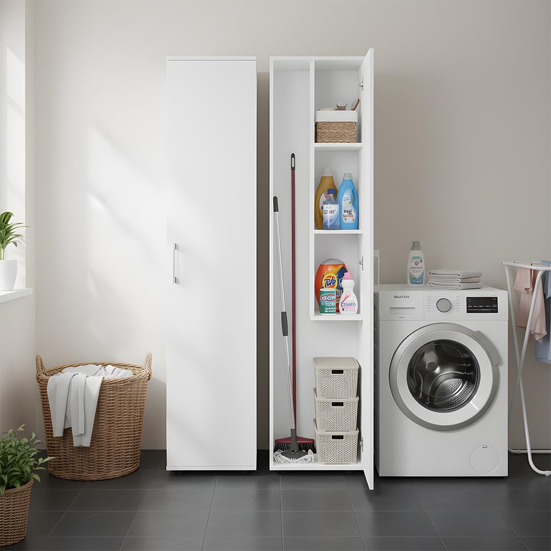 Bellamio Apol Besenschrank - Mehrzweckschrank 40 cm breit Weiß - Vorratsschrank mit Staubsaugerfach - Putzschrank aus Holz - Flurschrank mit Stauraum