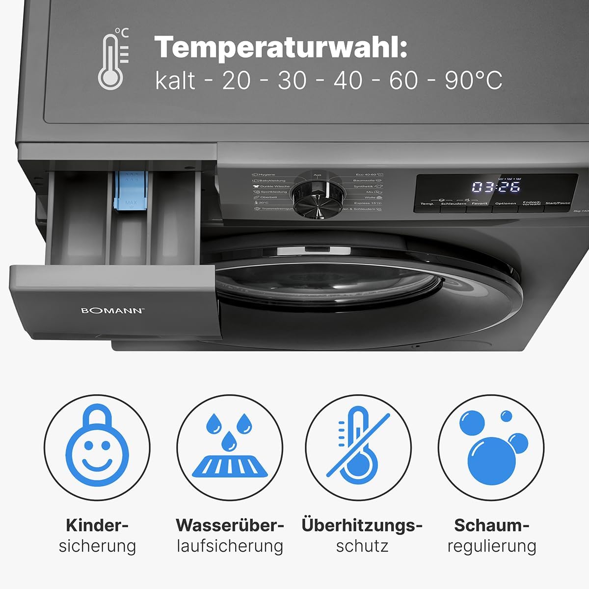 Bomann Waschmaschine 8kg | max. 1400 U/min | 10 Jahre Motor-Garantie | robuster, leiser & langlebiger Invertermotor | 15 Waschprogramme | LED-Display