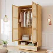View Soweiz Armario con barra, armario de 2 puertas, dormitorio, red de ratán, sala de estar, con tapa inferior abatible, tableros de partículas+ratán de image 1