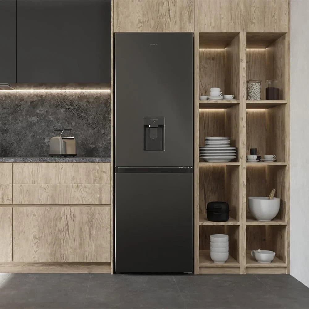 Cecotec Frigorífico Combi 2 Puertas con dispensador de agua Bolero CoolMarket Combi 296 DF WD Dark E. 296L, 60cm de ancho, Funciones FastCooling,