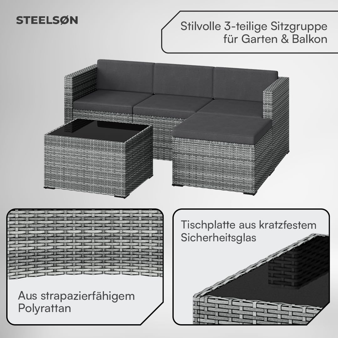 STEELSØN Zethora Rattan Gartenmöbel Set 3-TLG. – Outdoor Sitzgruppe für Garten/Terrasse/Balkon – Gartenlounge mit 3er-Sofa, Hocker & Tisch –