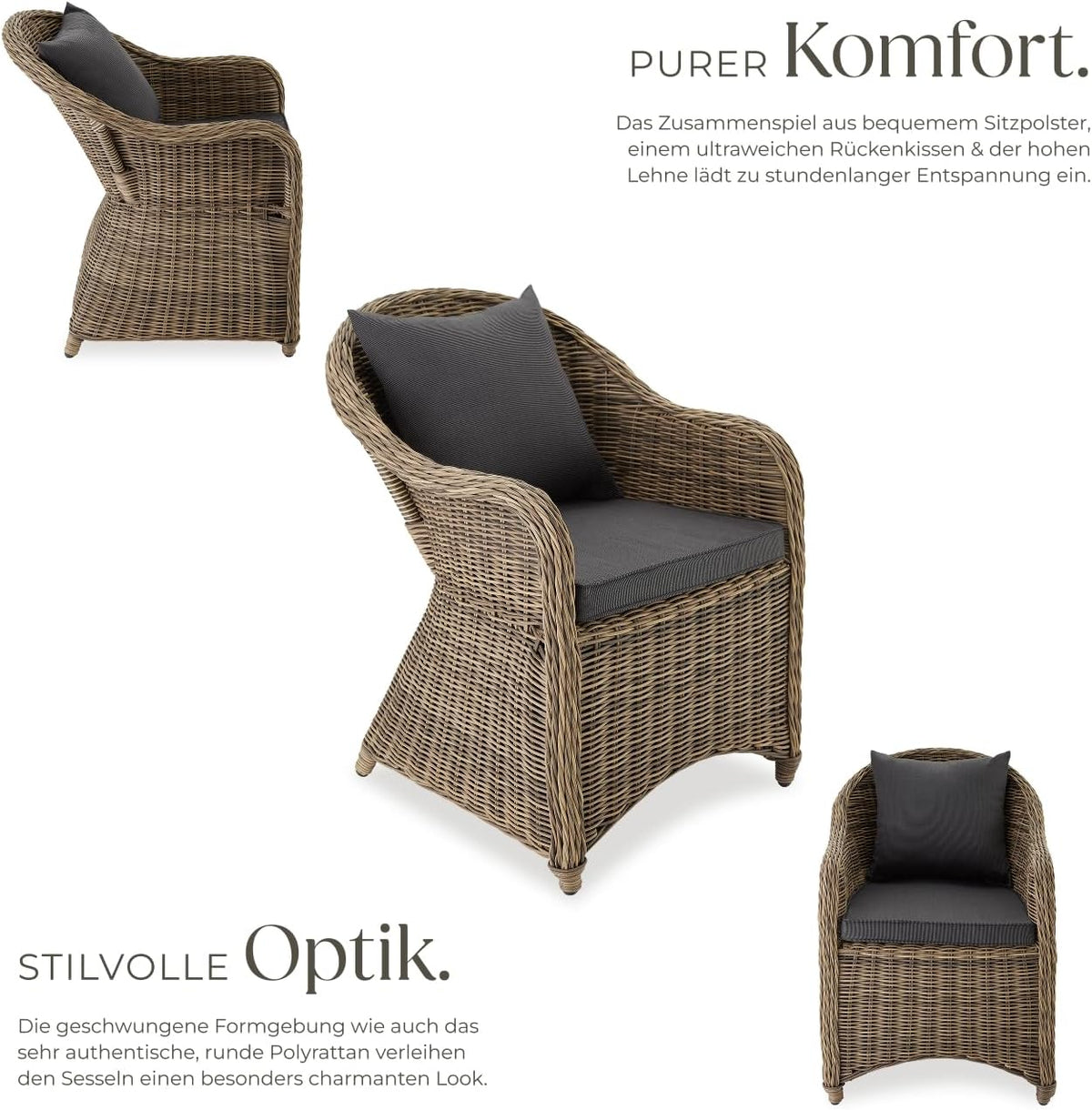 tectake Alu Polyrattan Gartenstuhl 2er Set, Gartenmöbel Set mit 2 Sessel, wetterfest, Rattan Gartensessel mit weichen Sitzpolster, abziehbarer und